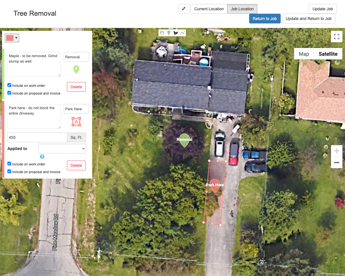 Job site mapping image from google earth of a house with pins marking where to park and what tree to work on